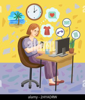 Jeune belle femme au bureau rêvant et procrastining au lieu de travailler. Illustration de dessin animé vectoriel. Illustration de Vecteur
