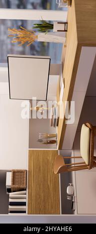 Décoration intérieure minimaliste avec maquette pour ordinateur et décoration sur table en bois, chaise en bois et étagères en bois modernes. 3d rendu, 3d illust Banque D'Images