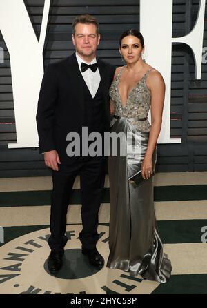 Matt Damon, Luciana Barroso arrivant au Vanity Fair Oscar Party à Beverly Hills, Los Angeles, États-Unis. Banque D'Images