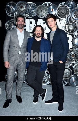 Jon Hamm, Edgar Wright et Ansel Elgort assistent à une photo pour le Baby Driver de TriStar Pictures au CinemaCon 2017, à Las Vegas, Nevada Banque D'Images