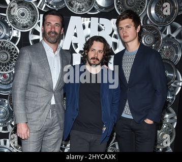 Jon Hamm, Edgar Wright et Ansel Elgort assistent à une photo pour le Baby Driver de TriStar Pictures au CinemaCon 2017, à Las Vegas, Nevada Banque D'Images