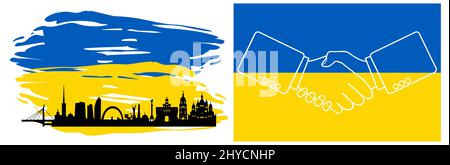 Une poignée de main et un panorama de Kiev avec le drapeau ukrainien en arrière-plan. Illustration de Vecteur