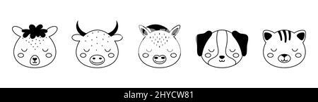 Collection de visages d'animaux de dessin animé de style scandinave. Jolis animaux pour enfants t-shirts, vêtements, décoration de pépinière, cartes de voeux. Al. Noir et blanc Illustration de Vecteur