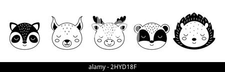 Collection de visages d'animaux de dessin animé de style scandinave. Jolis animaux pour enfants t-shirts, vêtements, décoration de pépinière, cartes de voeux. Noir et blanc ra Illustration de Vecteur