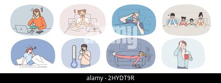 Ensemble de personnes malades de malaise rester à la maison lutte avec les symptômes de covid-19. La collecte d'humains malsains se sentent mal souffrent du virus corona ou de la grippe. Santé et médecine. Illustration vectorielle. Illustration de Vecteur