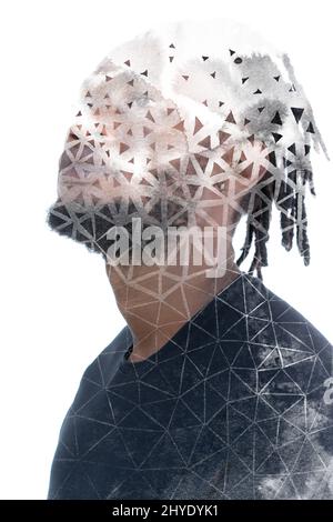 Peinture. Motif triangulaire peint à la main associé à un portrait Banque D'Images