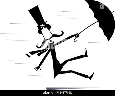 Long moustache homme reste sur l'illustration du vent fort. Un vent fort et une longue moustache dans le chapeau avec parapluie noir sur fond blanc Illustration de Vecteur