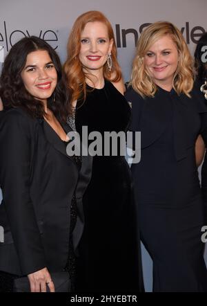 America Ferrera, Jessica Chastain et Amy Poehler à l'InStyle et Warner Bros. Photos Golden Globes Party tenue à l'hôtel Beverly Hilton le 7 janvier 2018 à Beverly Hills, CA -GG18/AFF-USA.com Banque D'Images