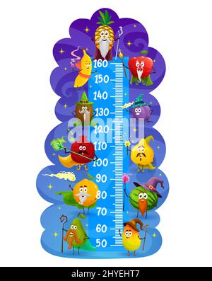 Tableau des hauteurs pour enfants avec caricature magicienne et sorcier. Compteur de croissance vectoriel avec pomme, orange, banane et ananas, pastèque, kiwi, personnages magiques de mangue et de prune, règle de stadiomètre pour enfants Illustration de Vecteur