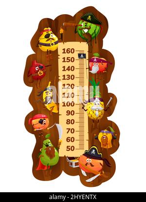 Tableau de hauteur pour enfants, pirates et corsaires de fruits de dessins animés, compteur de croissance de vecteur. Pour les enfants, mesurer une règle avec orange et pomme avec sabres et pistolets, banane et poire, grenat, pêche, pastèque Illustration de Vecteur