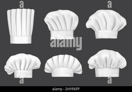 Chapeaux de chef, casquettes réalistes de 3D cuisiniers et maquette vectorielle de boulanger toques. Des chapeaux de chef de cuisine de différentes formes, un cuisinier de restaurant et des articles d'uniforme ou de coiffures de boulanger culinaires, toque de chef cuisinier Illustration de Vecteur