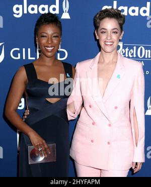 Samira Wiley et Lauren Morelli assistent aux GLAAD Media Awards 29th qui se tiennent au New York Hilton Midtown, États-Unis Banque D'Images