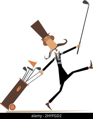 Un homme drôle de moustache longue joue l'illustration du golf. Dessin animé long moustache gentleman dans le chapeau supérieur avec club de golf et sac de golf va au parcours de golf Illustration de Vecteur