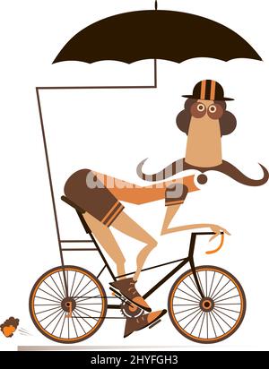 Le cycliste fait un vélo sous un parapluie isolé. Un homme long de moustache en casque fait du vélo et se protège de la pluie et de la chaleur Illustration de Vecteur