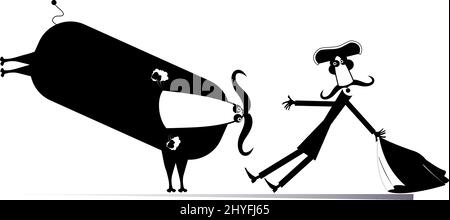 Dessin animé bullfighter et une illustration isolée de taureau. Dessin animé long moustache bullfighter avec un cape matador et taureau en colère noir sur fond blanc Illustration de Vecteur
