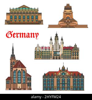 Bâtiments en Allemagne, architecture de Stuttgart et Leipzig, sites touristiques à vecteur de voyage. Monument de la bataille des Nations ou Volkerschlachtdenkmal, opéra Staatsoper de Stuttgart et Collégiale Stiftskirche Illustration de Vecteur