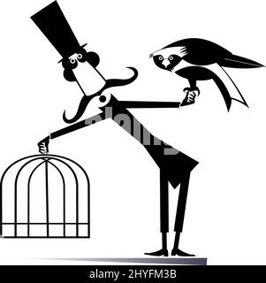 Illustration amusante d'un homme, d'un oiseau et d'une cage à moustache longue. Dessin animé long moustache gentleman dans le chapeau supérieur tient un oiseau et cage noir sur fond blanc Illustration de Vecteur