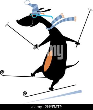 Illustration chien un skieur. Le dessin animé dachshund est le ski isolé sur fond blanc Illustration de Vecteur