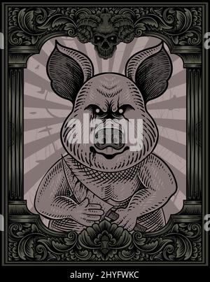 illustration cochon psychopathe vintage avec style gravure Illustration de Vecteur