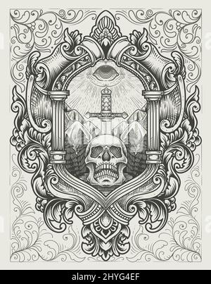 illustration antique épée de crâne avec les yeux sombres style gravure Illustration de Vecteur