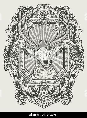 illustration cerf vintage avec style gravure Illustration de Vecteur