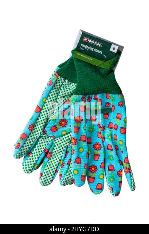 Paire de gants de jardinage Parkside, gants de jardin, isolés sur fond blanc - paume avec plots pour la prise en main Banque D'Images