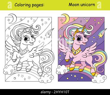 Jolie princesse Unicorn volant dans le ciel avec un arc-en-ciel, des étoiles et une lune. Page de livre de coloriage avec modèle de couleur. Illustration de dessin animé vectoriel. Pour les enfants Illustration de Vecteur