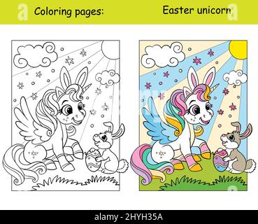 Jolie tête de licorne avec des lamanes arc-en-ciel dans le ciel avec des étoiles. Page de livre de coloriage avec modèle de couleur. Illustration de dessin animé vectoriel. Pour enfants coloriage, voiture Illustration de Vecteur