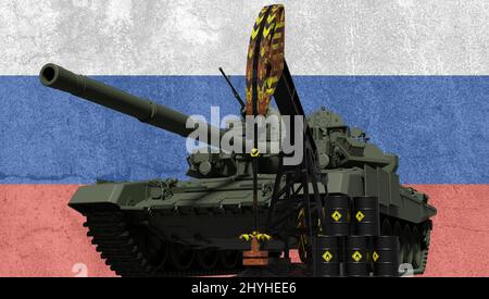 Gros plan du réservoir russe de T90 sur plate-forme et barils de pétrole. concept russe de guerre russie ukraine. 3d rendu. Banque D'Images