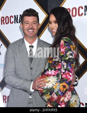 Robin Thicke et April Love Geary assistant au brunch pré Grammy de la nation ROC qui s'est tenu dans une résidence privée à Los Angeles, en Californie Banque D'Images