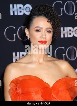 Nathalie Emmanuel participe à la première mondiale de la dernière saison du « Game of Thrones » qui s'est tenue au radio City Music Hall le 3 avril 2019 à New York Banque D'Images