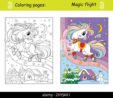 Une licorne volante mignonne et amusante sur un fond d'hiver. Page de livre de coloriage avec modèle de couleur. Illustration de dessin animé vectoriel. Pour enfants coloriage, carte, pr Illustration de Vecteur