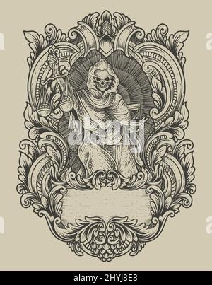 illustration justice mort ange avec ornement gravure vintage Illustration de Vecteur