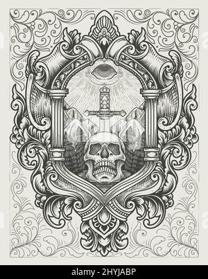 illustration antique épée de crâne avec les yeux sombres style gravure Illustration de Vecteur