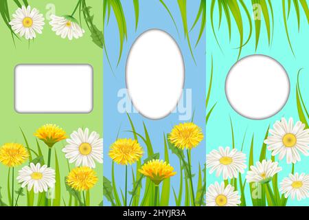 Mettez des cartes de printemps de fleurs fleuries pissenlits et pâquerettes, chamomiles, fonds d'herbe.Banderoles verticales colorées du printemps pour les médias sociaux Illustration de Vecteur