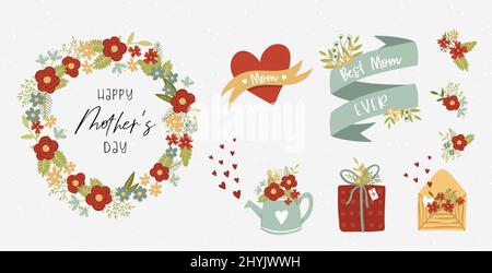 Mignonne main dessinés éléments de conception de la fête des mères, de belles fleurs et des gribouillages, idéal pour les cartes, bannières, invitations, imprimés - conception vectorielle Illustration de Vecteur