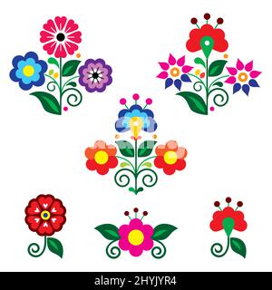 Éléments de motif floral vectoriel de style art populaire mexicain, collection rétro vibrante inspirée de la broderie traditionnelle Illustration de Vecteur