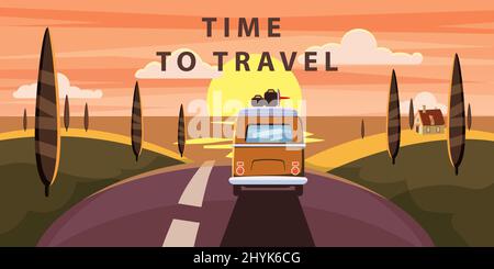Temps de déplacement. Sunset Van Camper, bus sur la route va à la mer pour des vacances d'été. Vacances en mer. Voyage loisirs fond Illustration de Vecteur