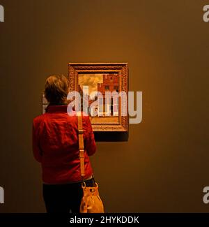 amsterdam, pays-bas - 2022-03-01: rijksmuseum, une femme admirant johannes vermeer vue sur les maisons de delft (la petite rue) -- [credit: joachim Banque D'Images