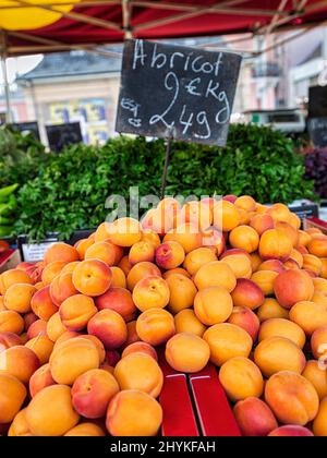 Abricots (Prunus armeniaca) dans un marché, Mulhouse, Alsace, France Banque D'Images