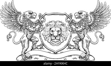 Armoiries Lion Griffin ou Griffon Crest Shield Illustration de Vecteur