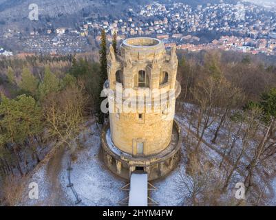 Vue aérienne de la tour Bismarck sur la forêt de Jena, Jena, Thuringe, Allemagne Banque D'Images