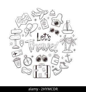 Vacances de voyage. Style Doodle. Icônes de voyage mignons dessinées à la main. Objets isolés sur fond blanc. Illustration de Vecteur