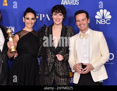 Brett Gelman, Sian Clifford, Phoebe Waller-Bridge et Andrew Scott dans la salle de presse des Golden Globe Awards 2020 à l'hôtel Beverly Hilton Banque D'Images