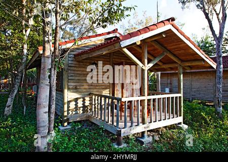 Chalet en bois, maison en bois, simple, bunglow sur pilotis dans la forêt, hôtel, bungalow station, Maria la Gorda, Pinar del Rio province, Cuba, Caraïbes Banque D'Images