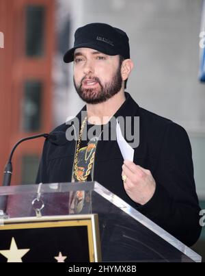 Eminem est rejointe par Eminem lors de sa cérémonie du Hollywood Walk of Fame le 30 janvier 2020 à Hollywood, Californie. Banque D'Images