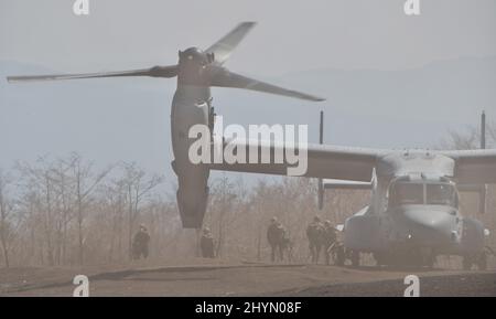 Gotemba, Japon. 15th mars 2022. Le MV-22 Osprey des Marines américaines participe à un exercice militaire conjoint avec la Force d'autodéfense terrestre du Japon au Camp Fuji dans la préfecture de Shizuoka, au Japon, le mardi 15 mars 2022. Photo par Keizo Mori/UPI crédit: UPI/Alay Live News Banque D'Images