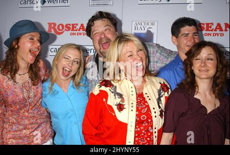 Sandra Bernhard, Alicia Goranson, John Goodman, Roseanne Barr, Sara Gilbert et Michael Fishman participent à la soirée de lancement de DVD « Roseanne » de la saison 1 à Hollywood. Photo : presse britannique Banque D'Images