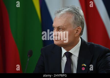 Le président lituanien Gitanas Nauseda assiste à une réunion des dirigeants de la Force expéditionnaire mixte (JEF), une coalition de 10 États axés sur la sécurité en Europe du Nord, à Lancaster House à Londres. Date de la photo: Mardi 15 mars 2022. Banque D'Images