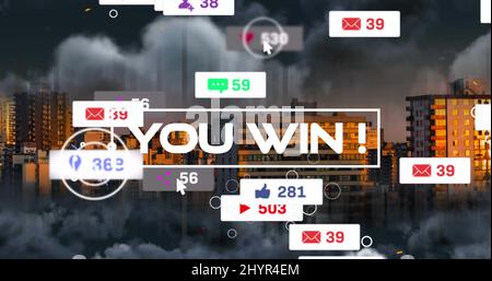 Image de vous gagnez du texte et des chiffres qui croissent sur le paysage urbain Banque D'Images